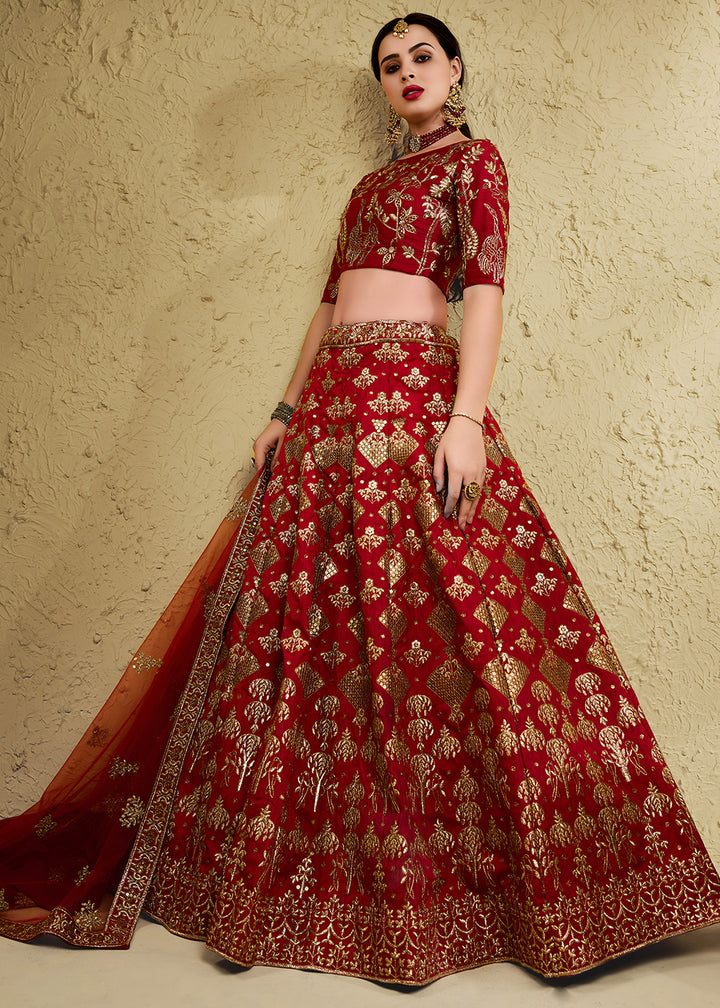 Bridal Red &amp; Antique Gold Silk Lehenga Choli with Floral Zari &amp; Sequin Work