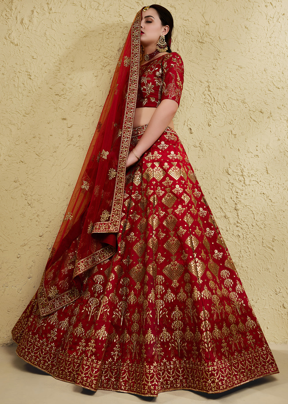 Bridal Red &amp; Antique Gold Silk Lehenga Choli with Floral Zari &amp; Sequin Work
