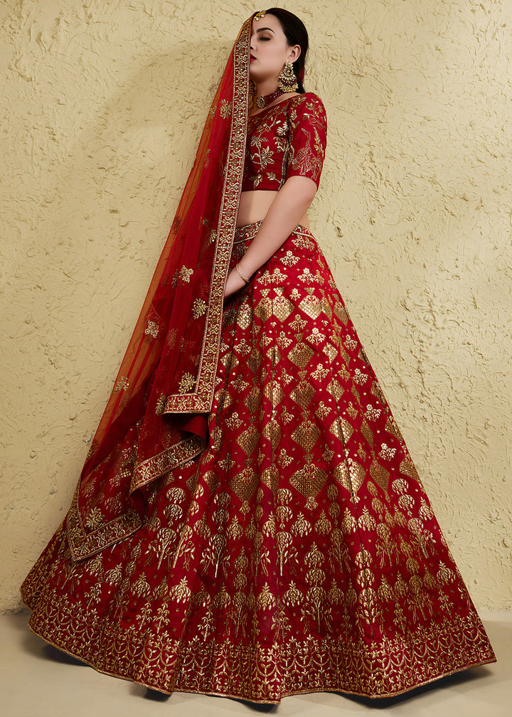 Bridal Red &amp; Antique Gold Silk Lehenga Choli with Floral Zari &amp; Sequin Work