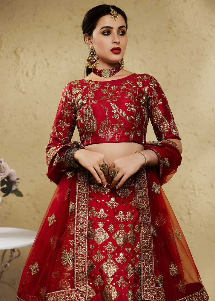 Bridal Red &amp; Antique Gold Silk Lehenga Choli with Floral Zari &amp; Sequin Work