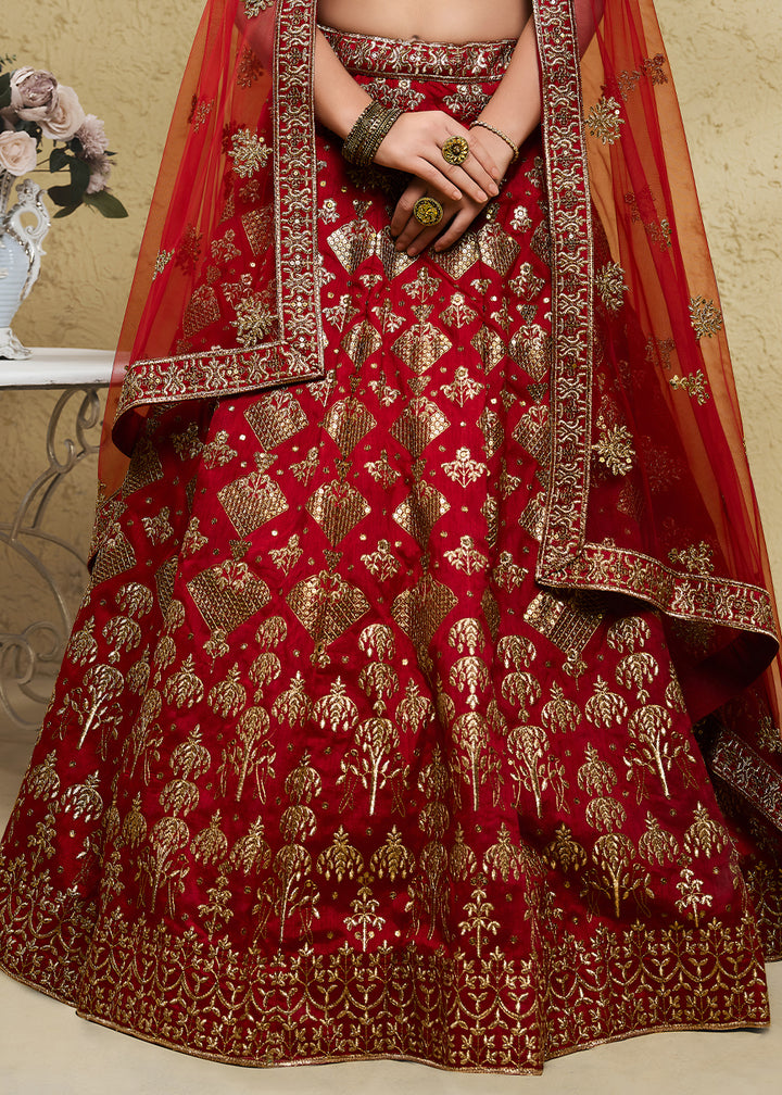 Bridal Red &amp; Antique Gold Silk Lehenga Choli with Floral Zari &amp; Sequin Work