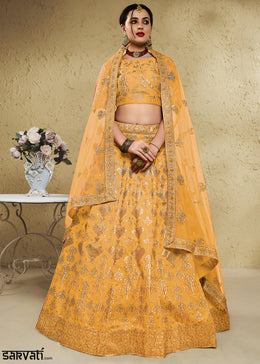Marigold Yellow & Antique Gold Silk Lehenga Choli with Floral Zari & Sequin Work