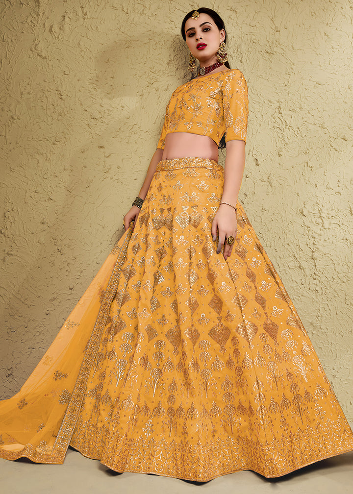 Marigold Yellow &amp; Antique Gold Silk Lehenga Choli with Floral Zari &amp; Sequin Work