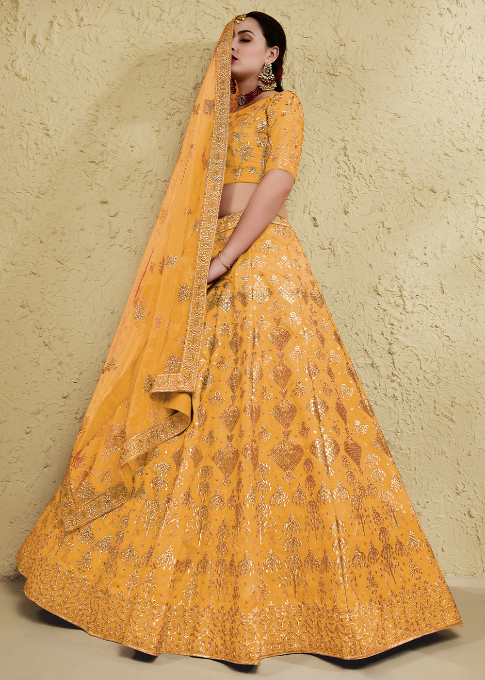 Marigold Yellow &amp; Antique Gold Silk Lehenga Choli with Floral Zari &amp; Sequin Work