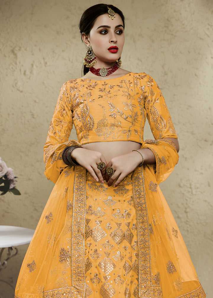 Marigold Yellow &amp; Antique Gold Silk Lehenga Choli with Floral Zari &amp; Sequin Work
