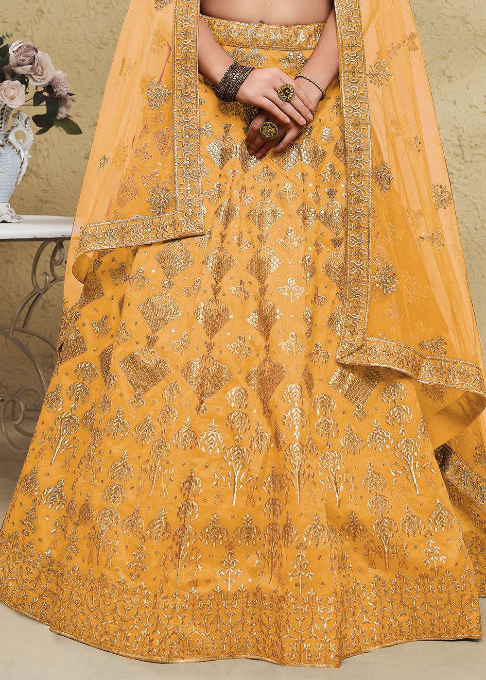 Marigold Yellow &amp; Antique Gold Silk Lehenga Choli with Floral Zari &amp; Sequin Work