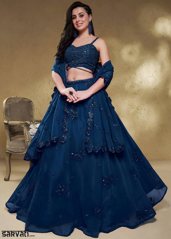 Navy Blue Georgette Lehenga Choli with Zari &amp; Sequin Embroidery