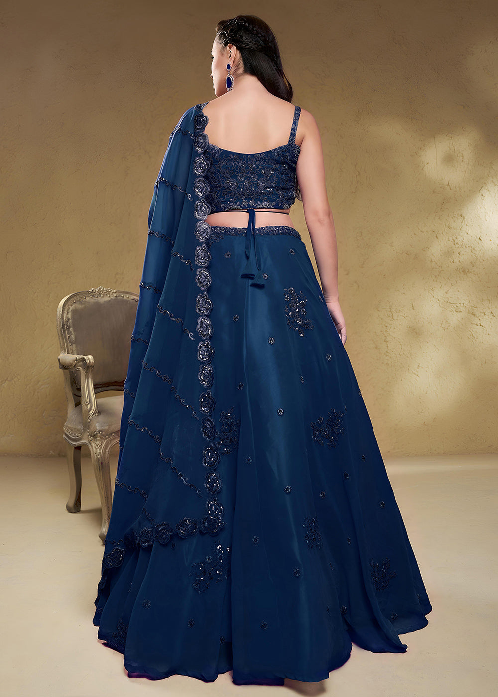 Navy Blue Georgette Lehenga Choli with Zari & Sequin Embroidery
