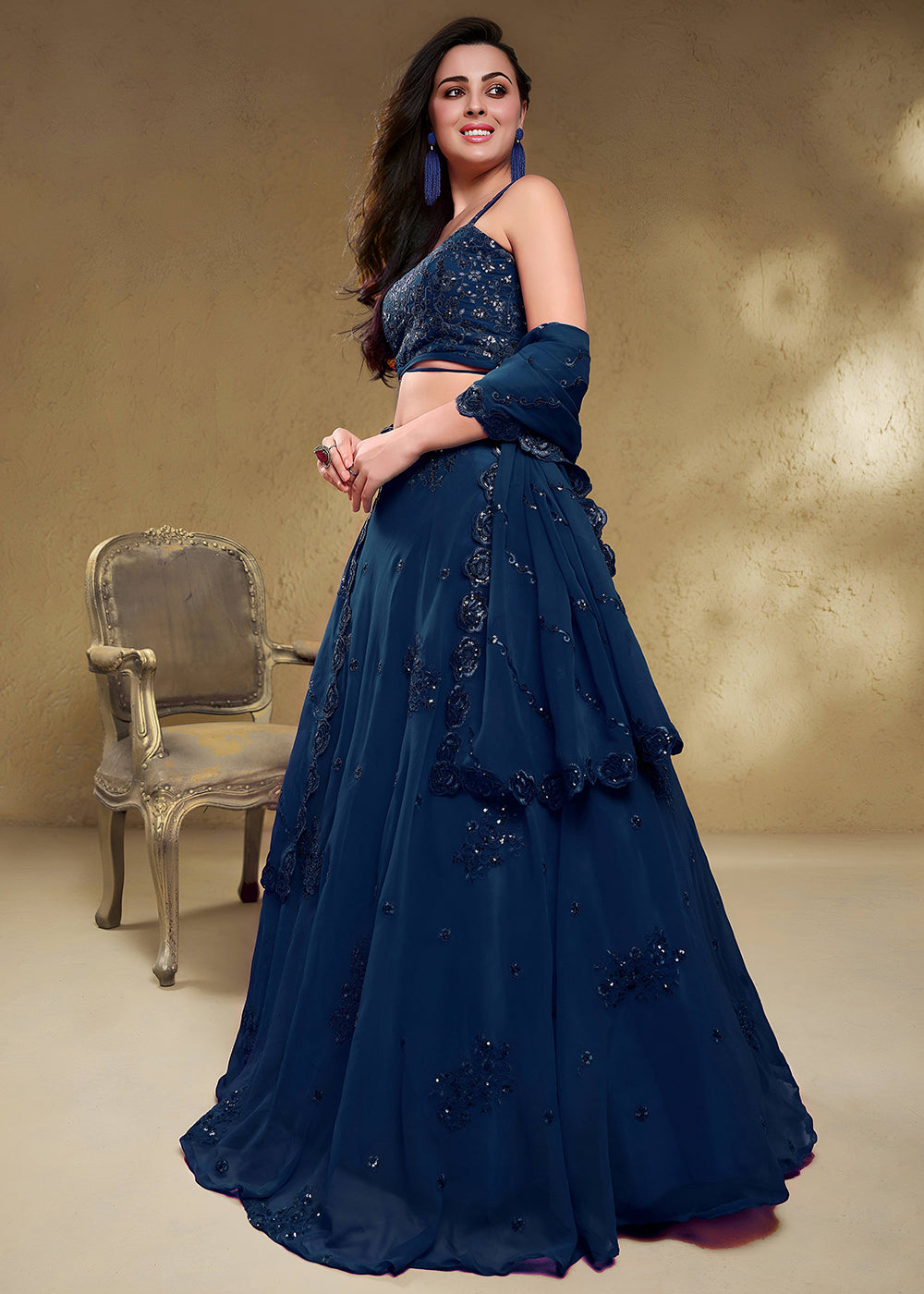Navy Blue Georgette Lehenga Choli with Zari &amp; Sequin Embroidery