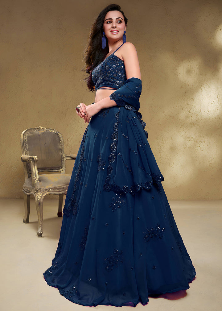 Navy Blue Georgette Lehenga Choli with Zari &amp; Sequin Embroidery