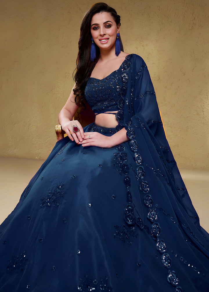 Navy Blue Georgette Lehenga Choli with Zari &amp; Sequin Embroidery