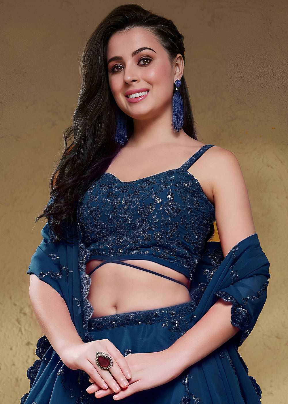 Navy Blue Georgette Lehenga Choli with Zari &amp; Sequin Embroidery