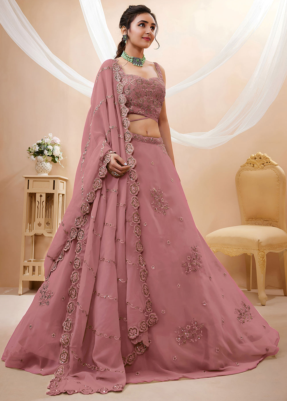 Light Lilac Purple Georgette Lehenga Choli Adorned with Zari &amp; Sequin Work