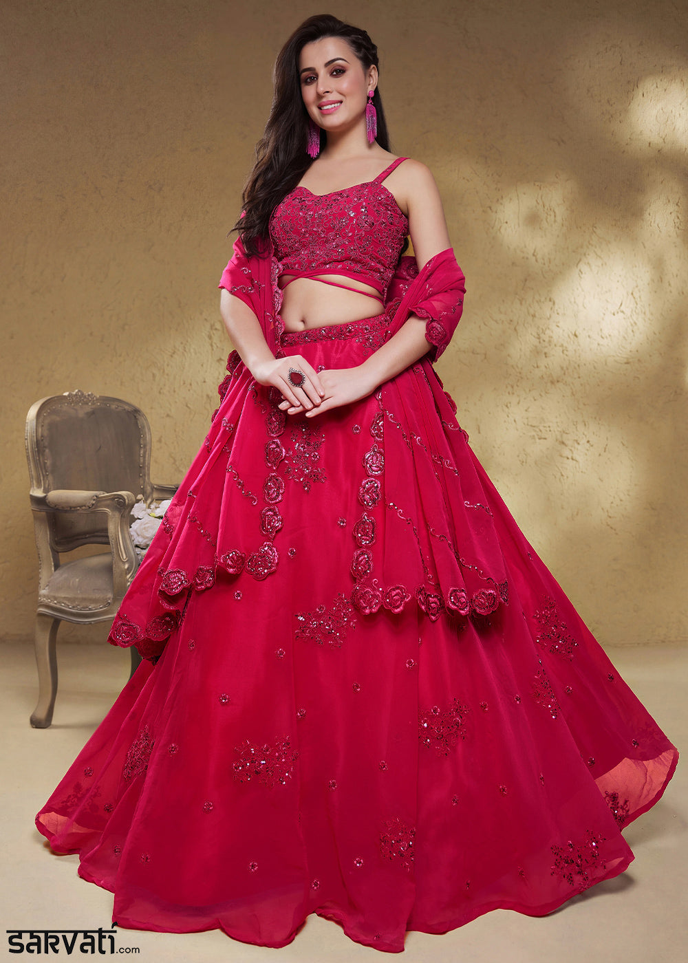 Magenta Pink Georgette Lehenga Choli with Zari &amp; Sequin Embroidery