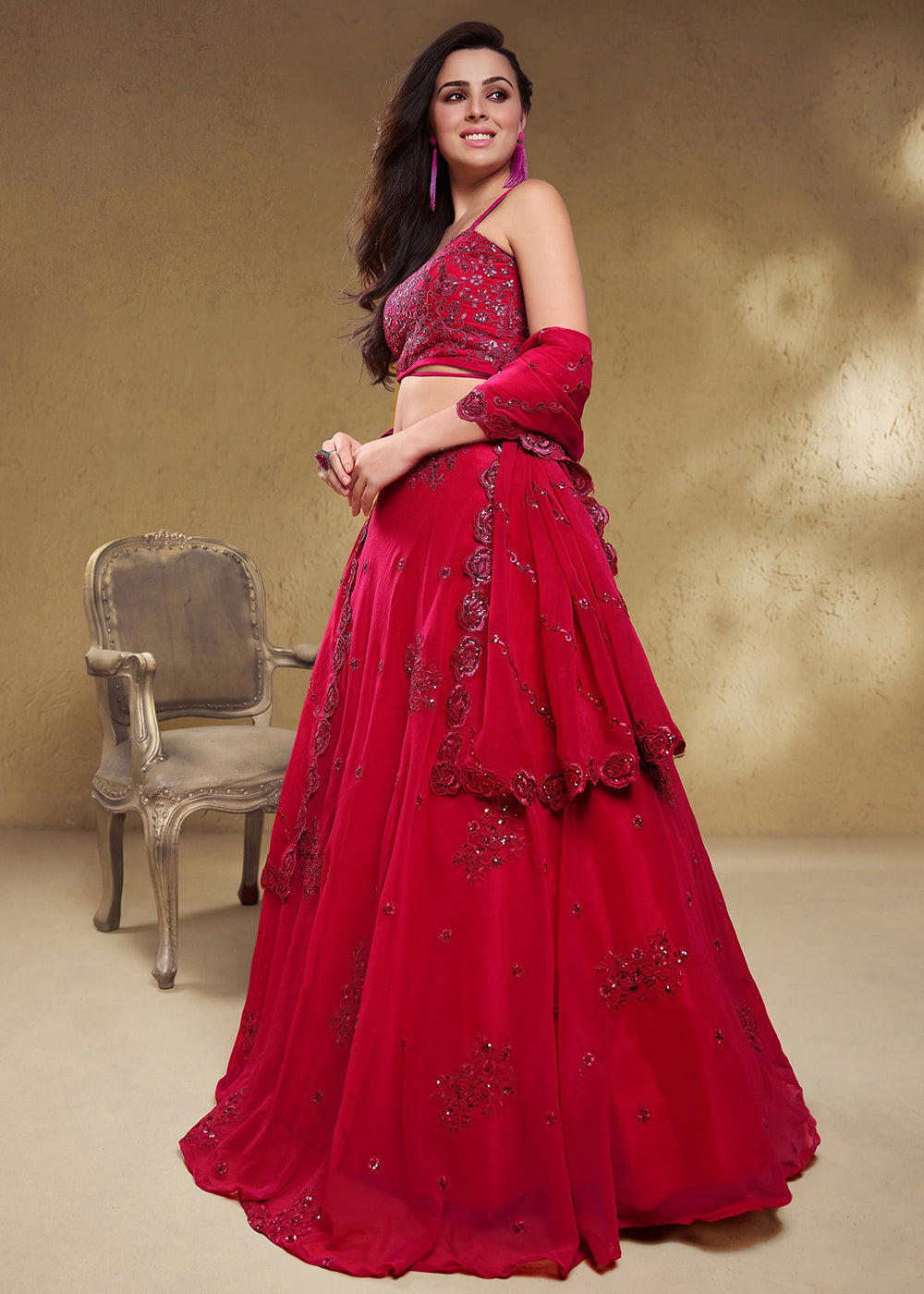 Magenta Pink Georgette Lehenga Choli with Zari &amp; Sequin Embroidery