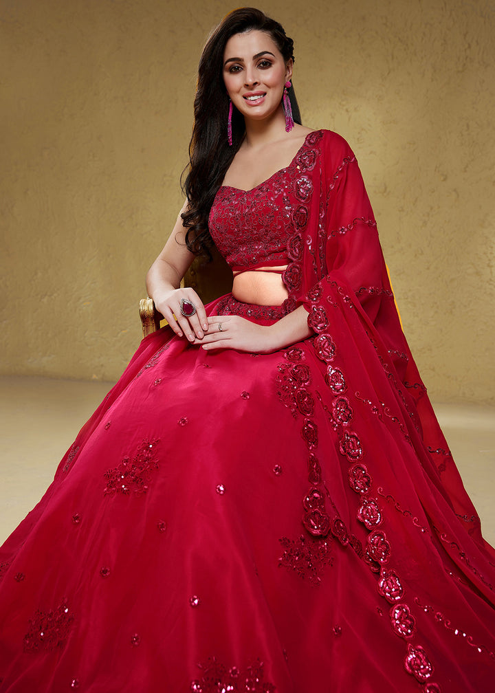 Magenta Pink Georgette Lehenga Choli with Zari &amp; Sequin Embroidery