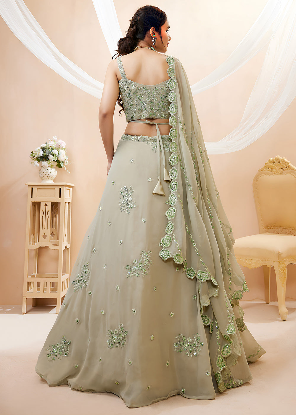 Pista Green Georgette Lehenga Choli with Zari & Sequin Embroidery