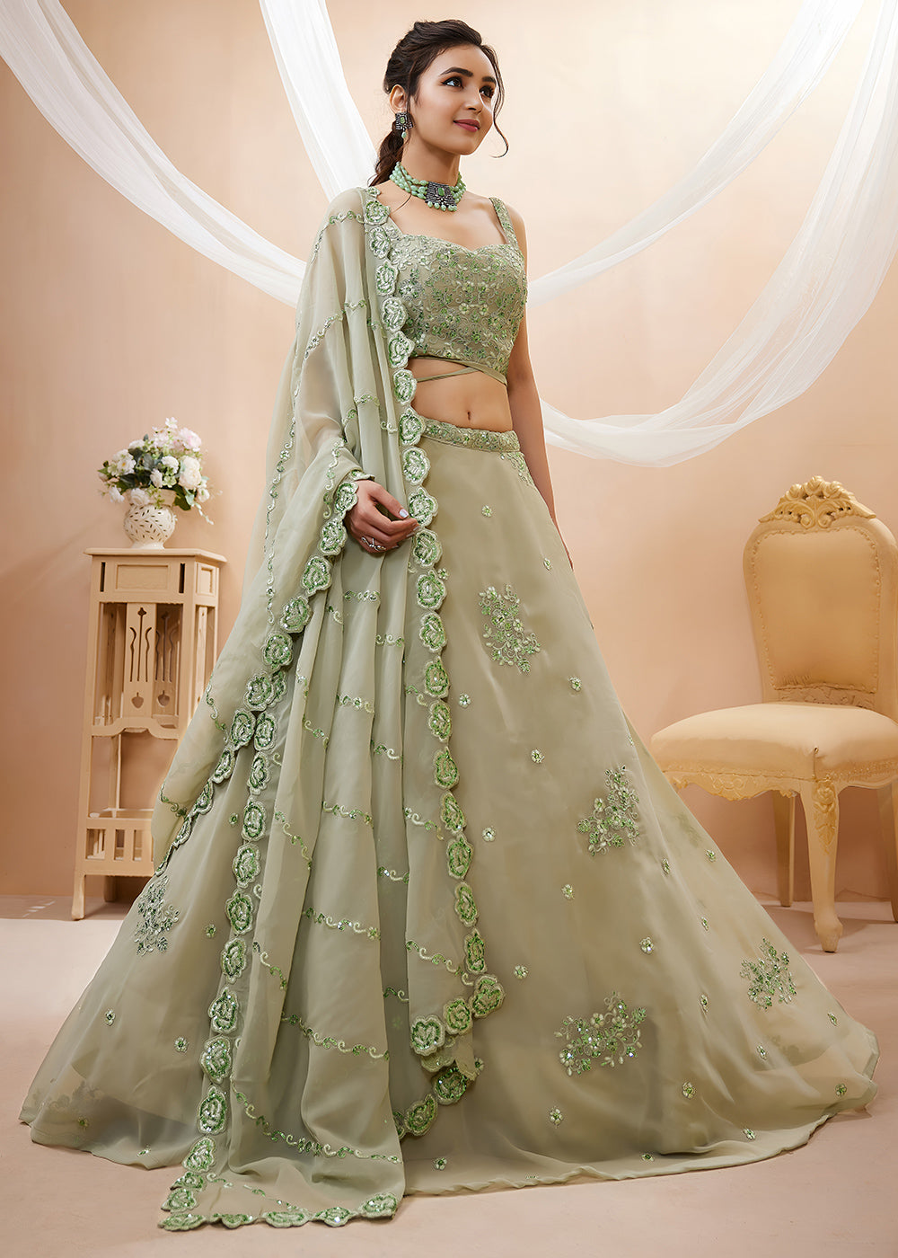 Pista Green Georgette Lehenga Choli with Zari &amp; Sequin Embroidery