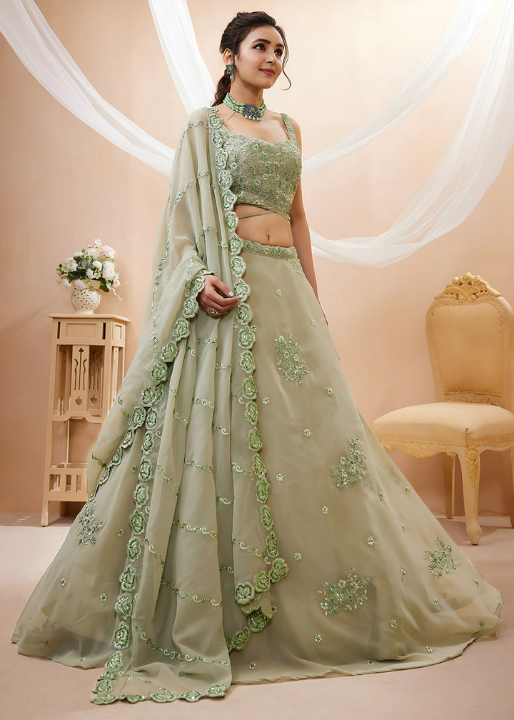 Pista Green Georgette Lehenga Choli with Zari &amp; Sequin Embroidery