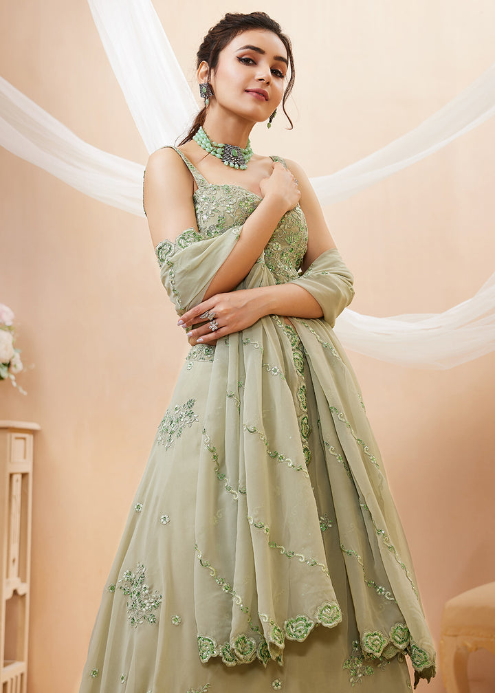 Pista Green Georgette Lehenga Choli with Zari &amp; Sequin Embroidery