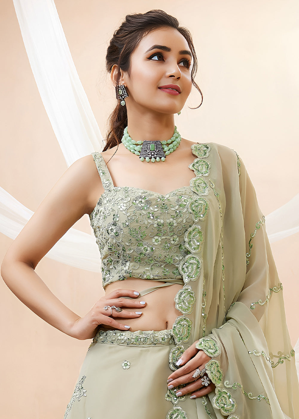 Pista Green Georgette Lehenga Choli with Zari &amp; Sequin Embroidery