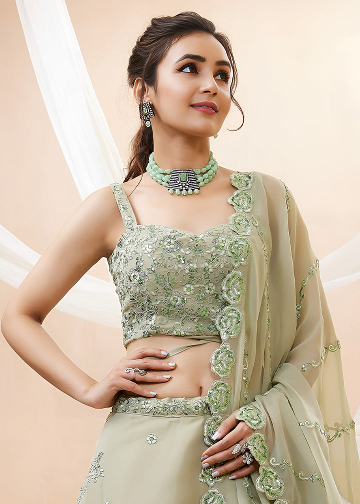Pista Green Georgette Lehenga Choli with Zari &amp; Sequin Embroidery