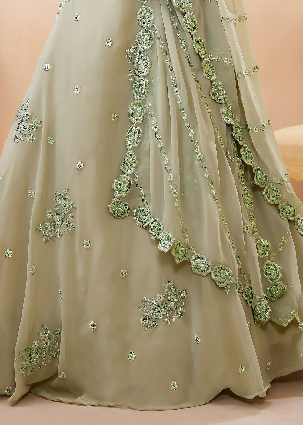 Pista Green Georgette Lehenga Choli with Zari &amp; Sequin Embroidery