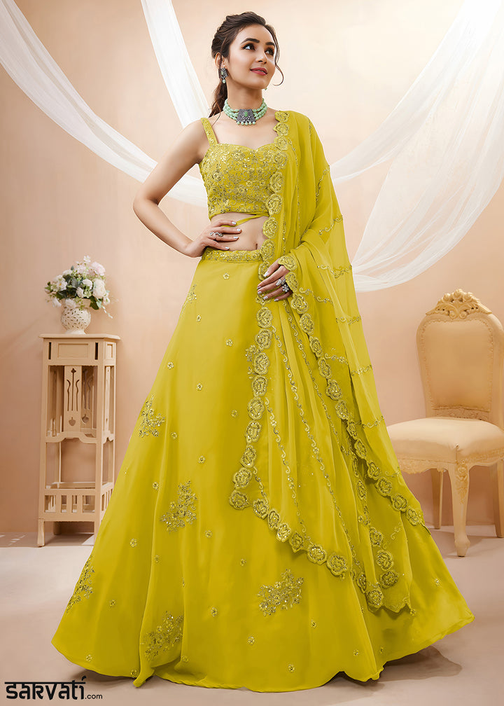 Mustard Yellow Georgette Lehenga Choli Adorned with Zari &amp; Sequin Work