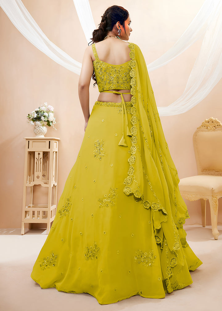 Mustard Yellow Georgette Lehenga Choli Adorned with Zari &amp; Sequin Work