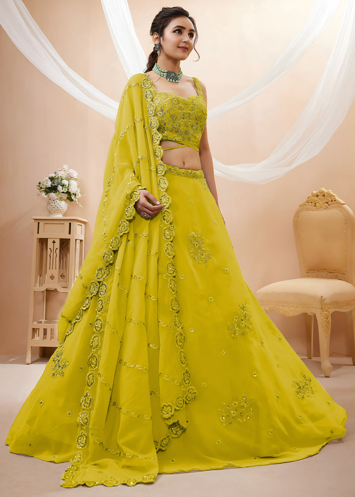 Mustard Yellow Georgette Lehenga Choli Adorned with Zari &amp; Sequin Work