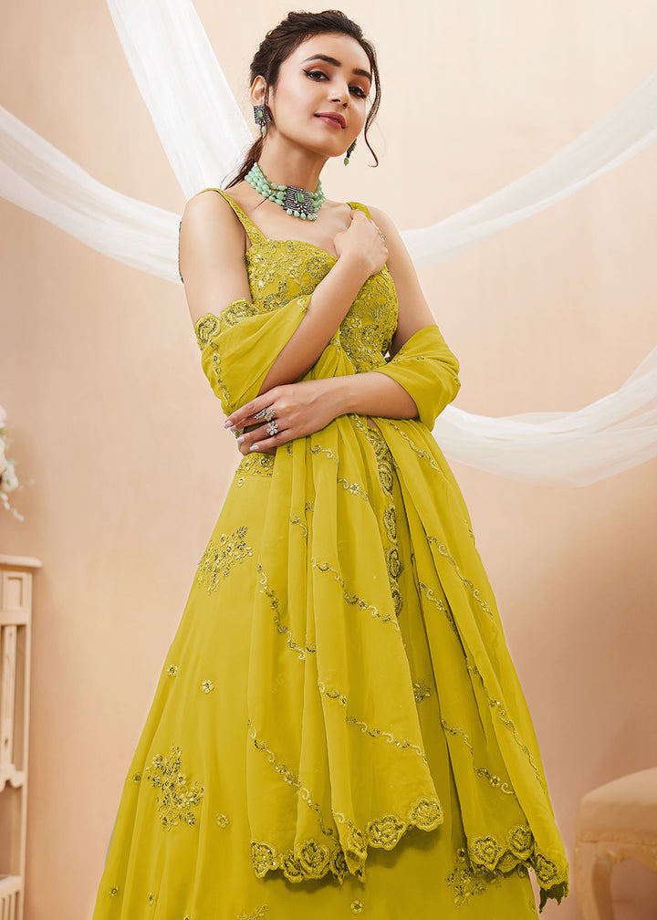 Mustard Yellow Georgette Lehenga Choli Adorned with Zari &amp; Sequin Work