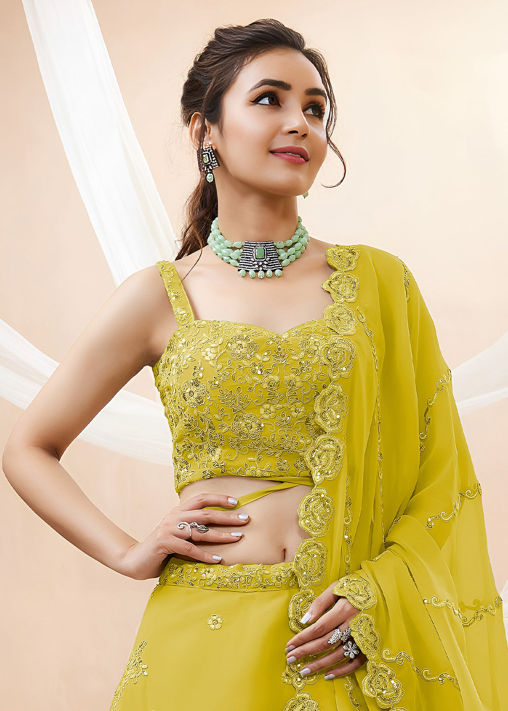 Mustard Yellow Georgette Lehenga Choli Adorned with Zari &amp; Sequin Work