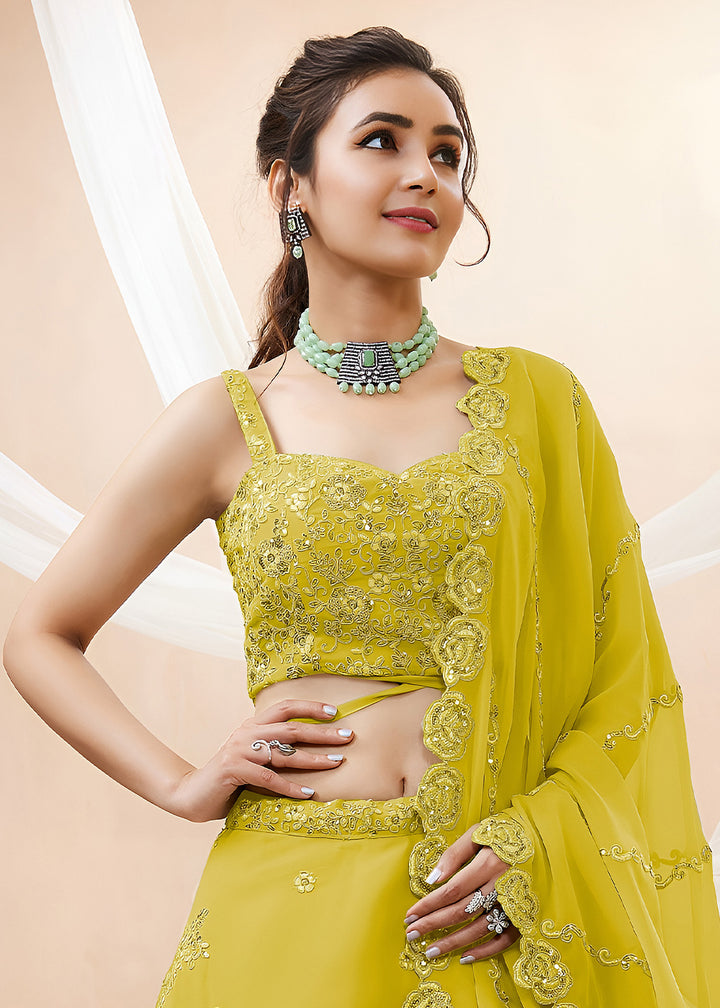 Mustard Yellow Georgette Lehenga Choli Adorned with Zari &amp; Sequin Work