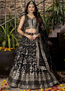 Jet Black Jacquard Dola Silk Lehenga Choli with Rich Zari Embroidery