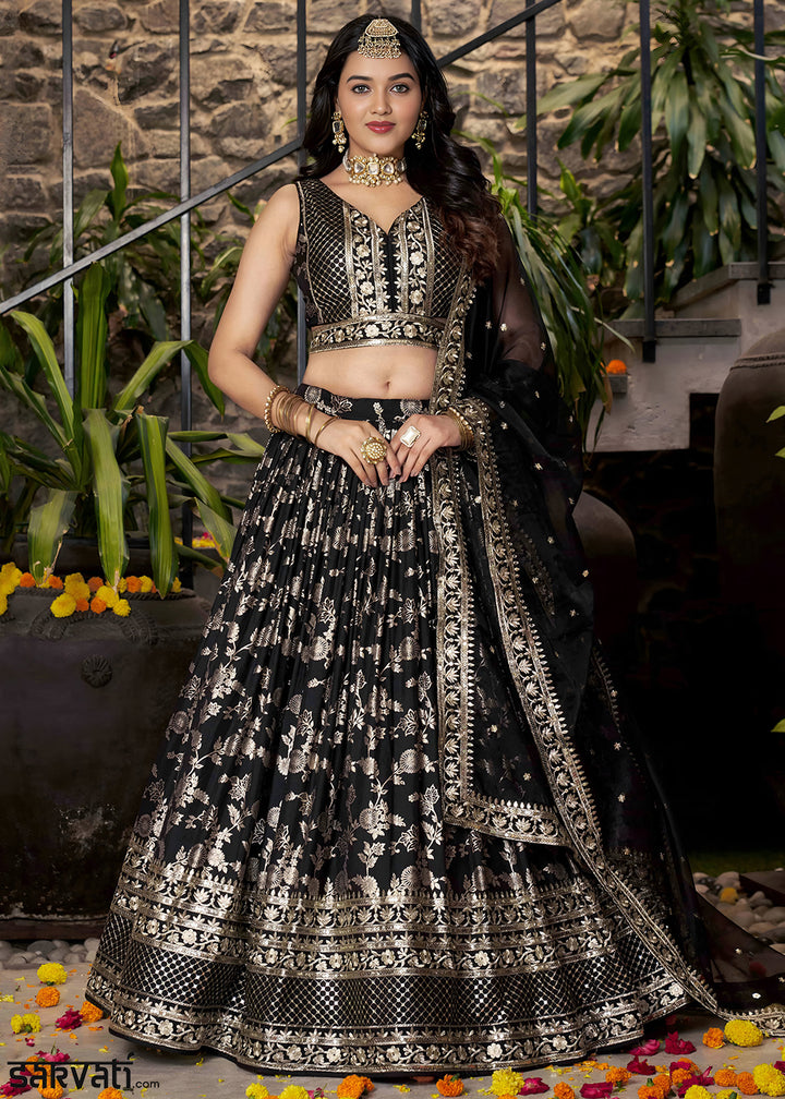 Jet Black Jacquard Dola Silk Lehenga Choli with Rich Zari Embroidery