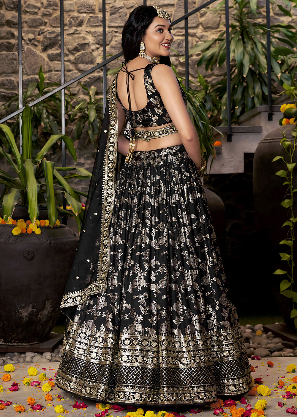 Jet Black Jacquard Dola Silk Lehenga Choli with Rich Zari Embroidery