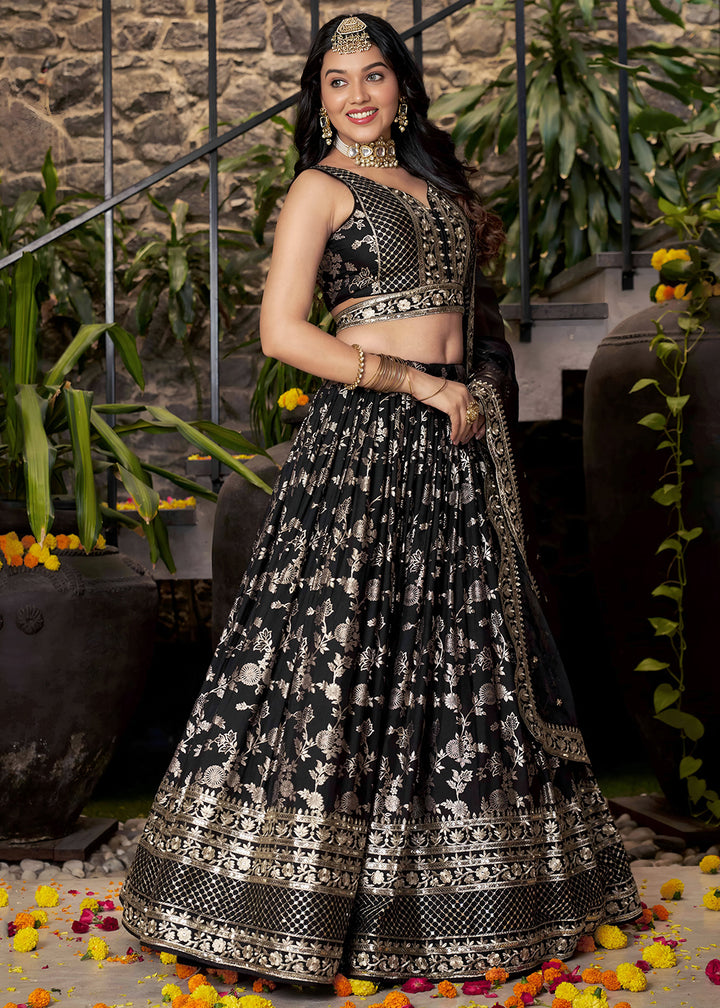 Jet Black Jacquard Dola Silk Lehenga Choli with Rich Zari Embroidery