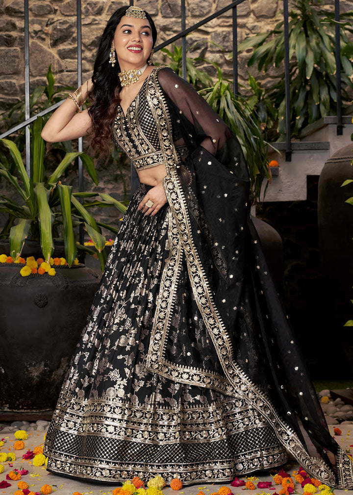 Jet Black Jacquard Dola Silk Lehenga Choli with Rich Zari Embroidery
