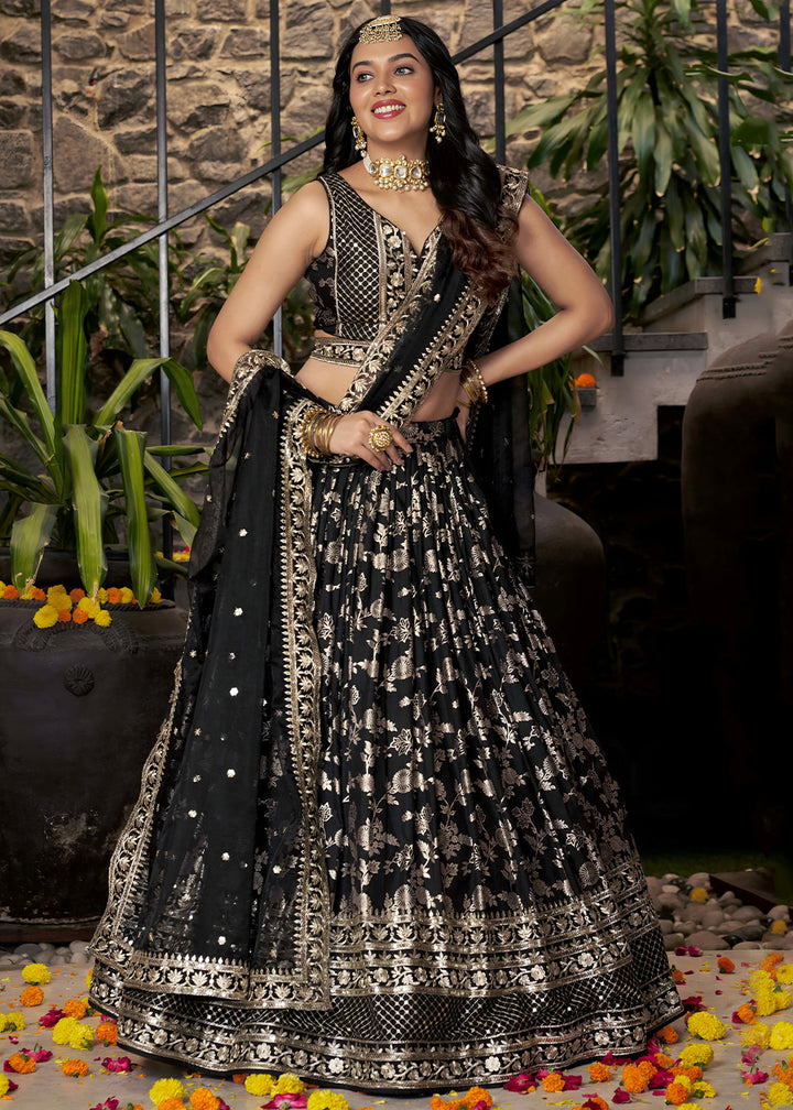 Jet Black Jacquard Dola Silk Lehenga Choli with Rich Zari Embroidery