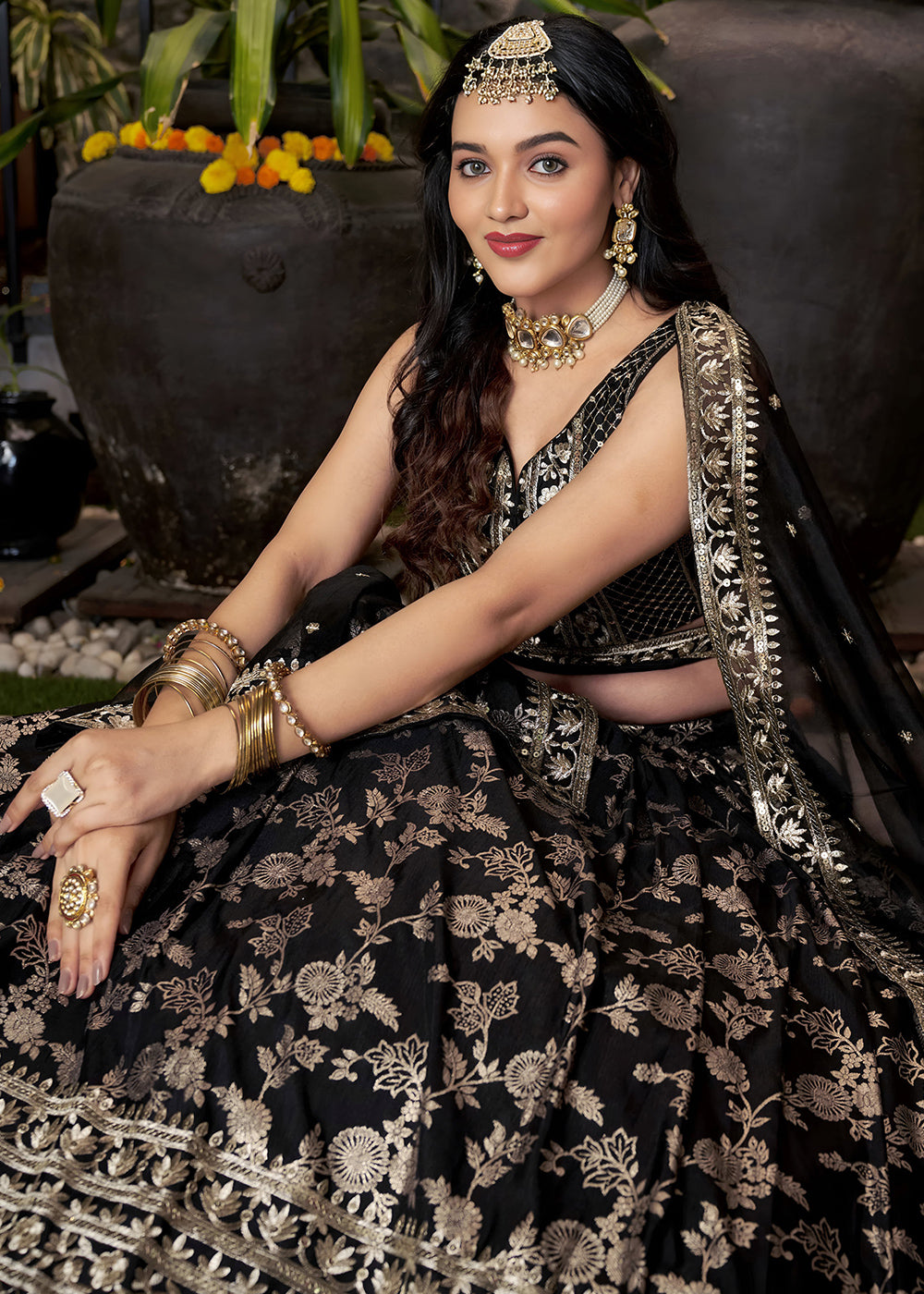 Jet Black Jacquard Dola Silk Lehenga Choli with Rich Zari Embroidery
