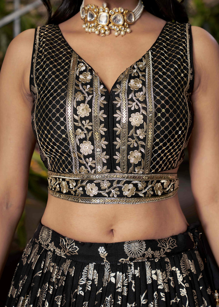 Jet Black Jacquard Dola Silk Lehenga Choli with Rich Zari Embroidery