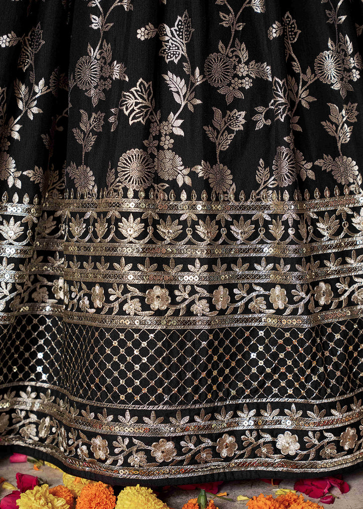 Jet Black Jacquard Dola Silk Lehenga Choli with Rich Zari Embroidery