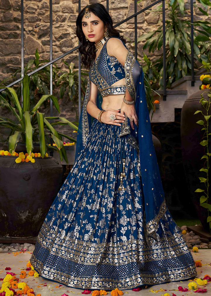 Dove Blue Jacquard Dola Silk Lehenga Choli with Rich Zari Embroidery