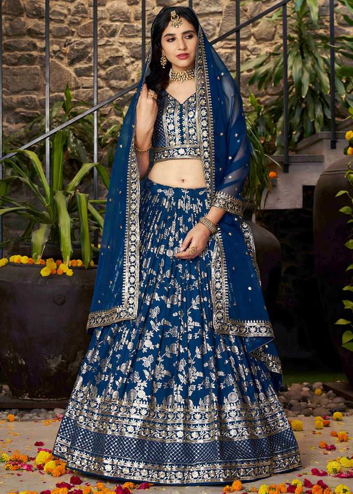Dove Blue Jacquard Dola Silk Lehenga Choli with Rich Zari Embroidery