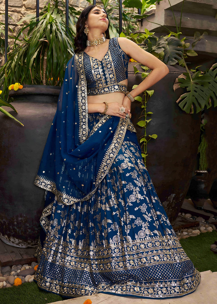 Dove Blue Jacquard Dola Silk Lehenga Choli with Rich Zari Embroidery
