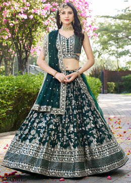 Emerald Green Jacquard Dola Silk Lehenga Choli with Floral Zari, Sequin & Ornate Border Detailing