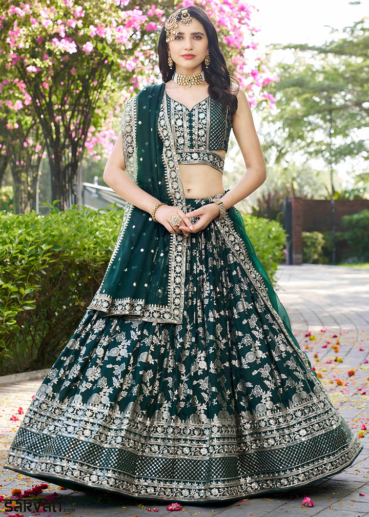 Emerald Green Jacquard Dola Silk Lehenga Choli with Floral Zari, Sequin &amp; Ornate Border Detailing