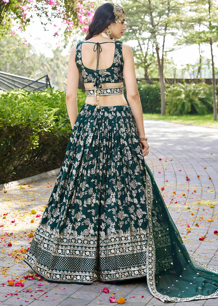 Emerald Green Jacquard Dola Silk Lehenga Choli with Floral Zari, Sequin &amp; Ornate Border Detailing