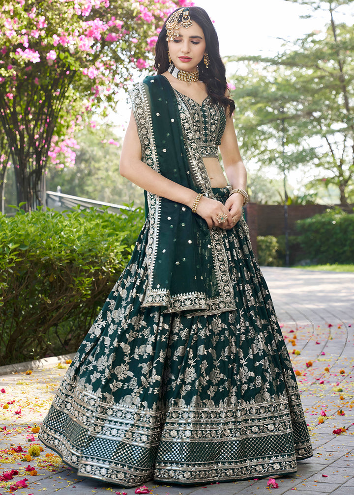 Emerald Green Jacquard Dola Silk Lehenga Choli with Floral Zari, Sequin &amp; Ornate Border Detailing