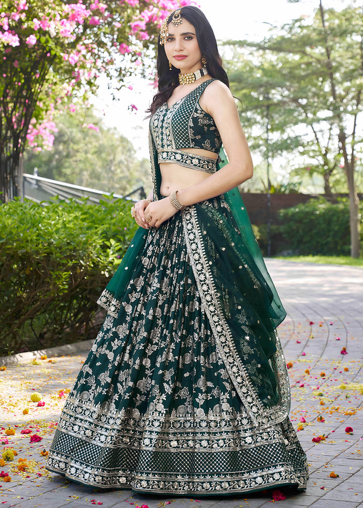 Emerald Green Jacquard Dola Silk Lehenga Choli with Floral Zari, Sequin &amp; Ornate Border Detailing